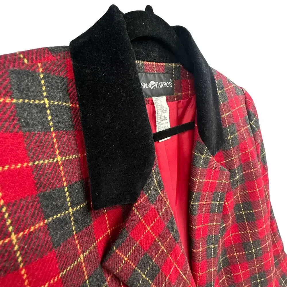 VTG Sag Harbor Blazer 14 Red Plaid Academia Christmas Career Old Money Wool 90s